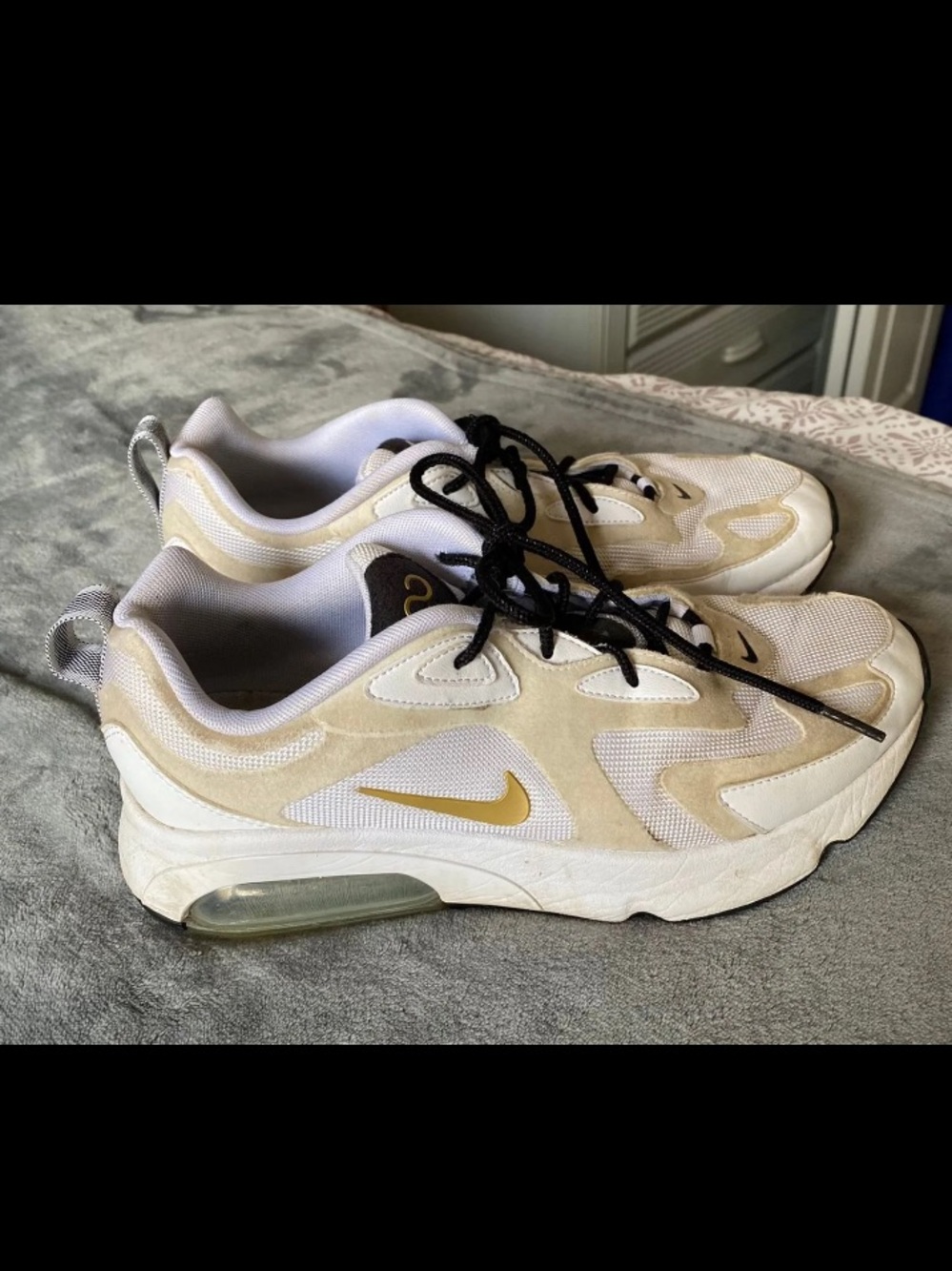 Nike Women’s Mesh and Suede White Cream Sneakers with Gold Swoosh